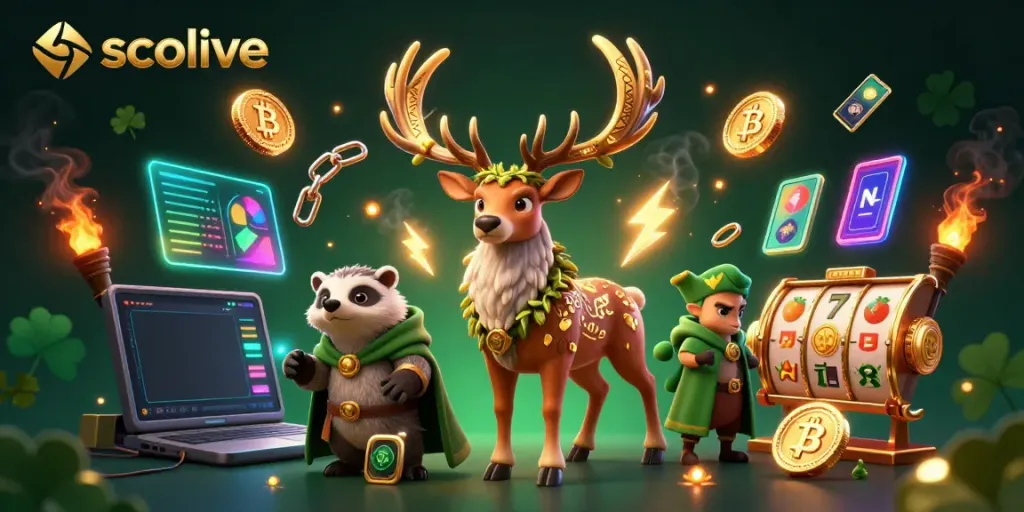Socolive showcases a vibrant 3D scene featuring a Celtic druid stag and badger amid engaging gambling elements.