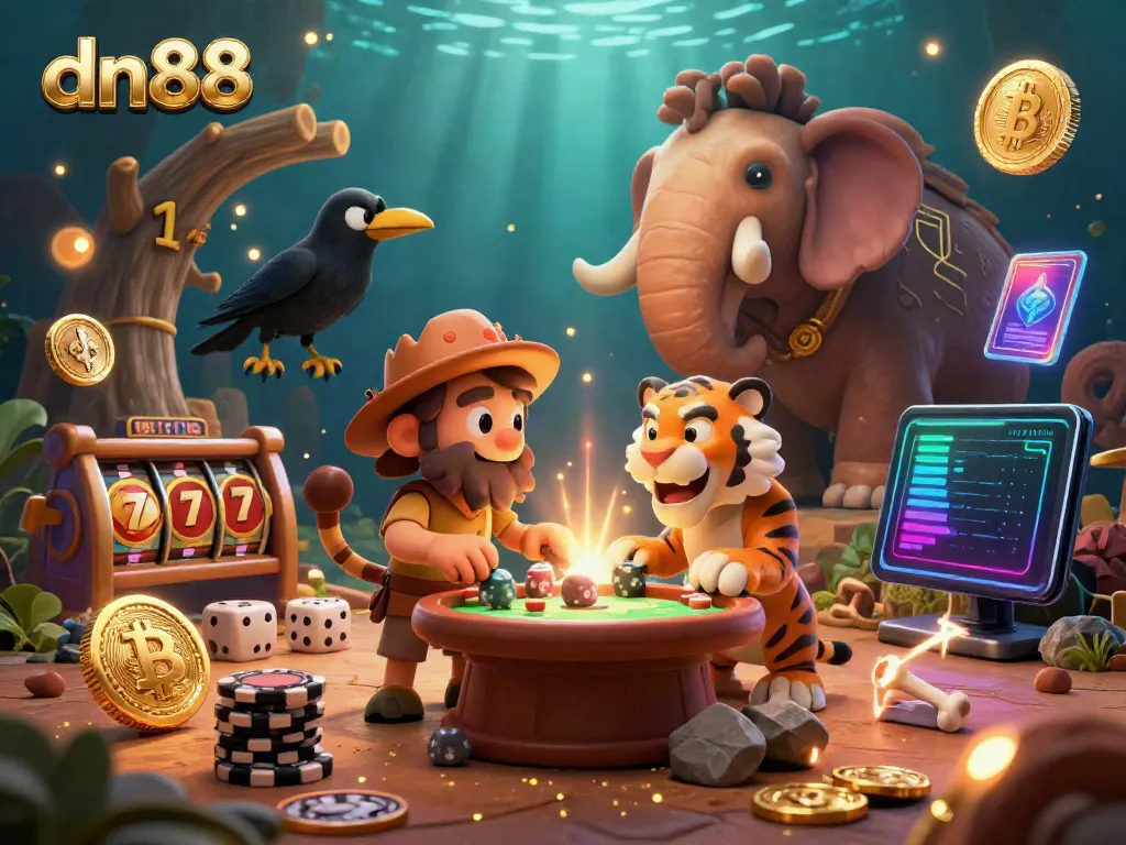 Experience the thrill of gambling at the virtual dn88 casino with vibrant characters and crypto elements.