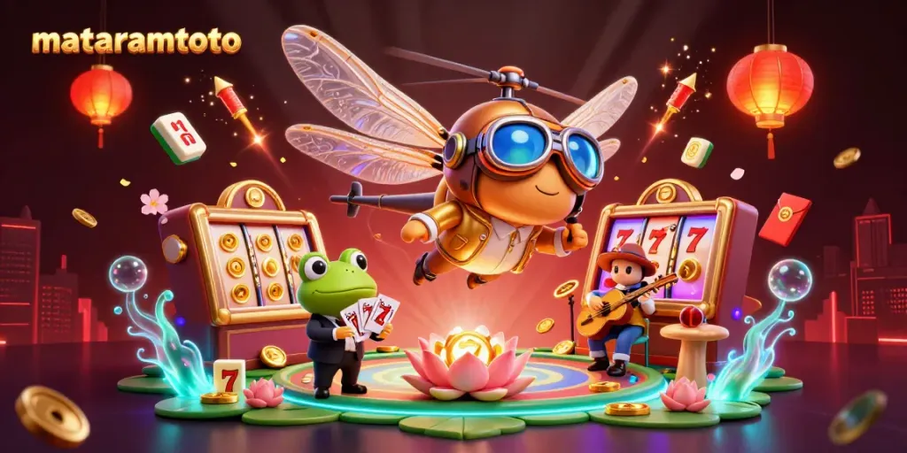 Engage in thrilling slots at mataramtoto, featuring a whimsical dragonfly pilot and frog dealer in a vibrant casino atmosphere.