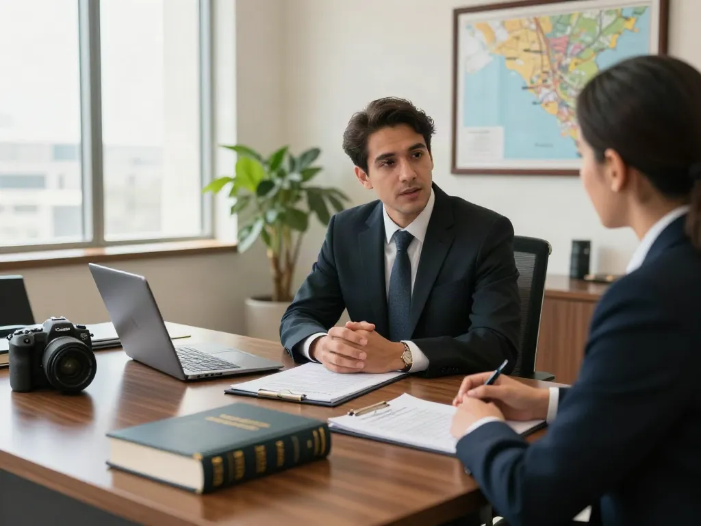 Rental Dispute Lawyer In Dubai consulting with a client in a professional office setting