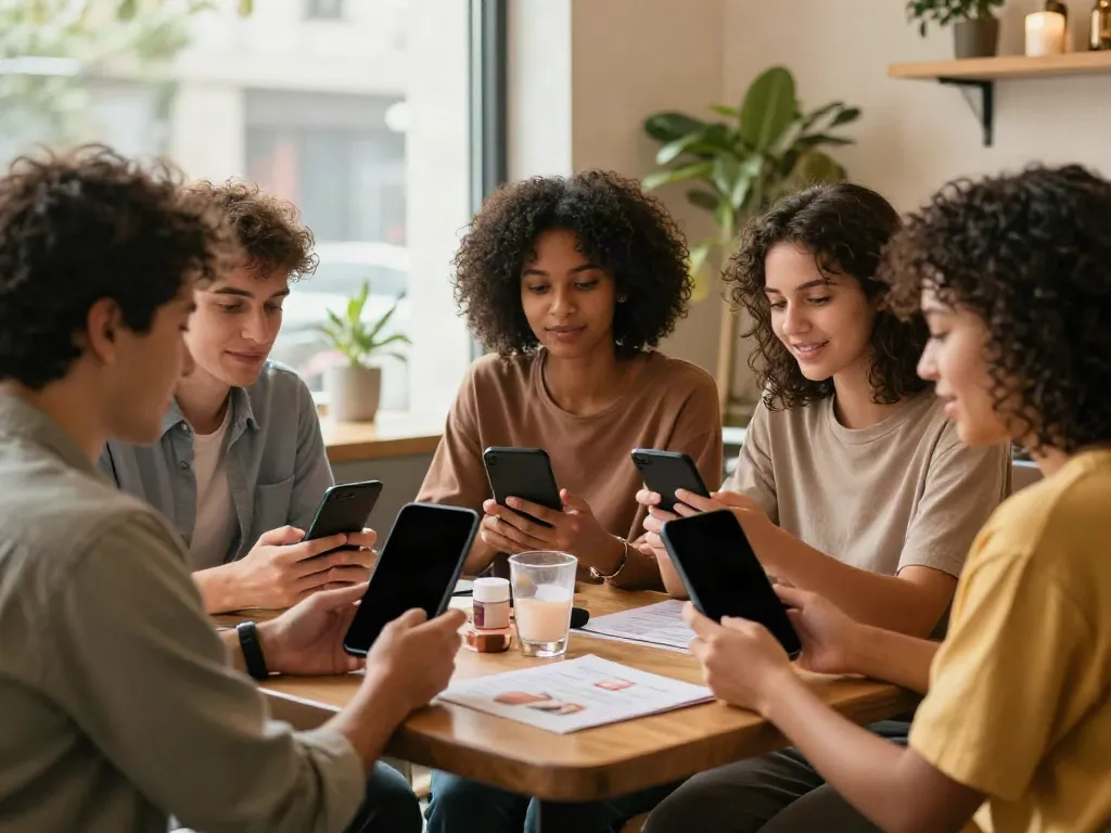 Friends discussing alternatives to QOVES facial analysis apps in a café.