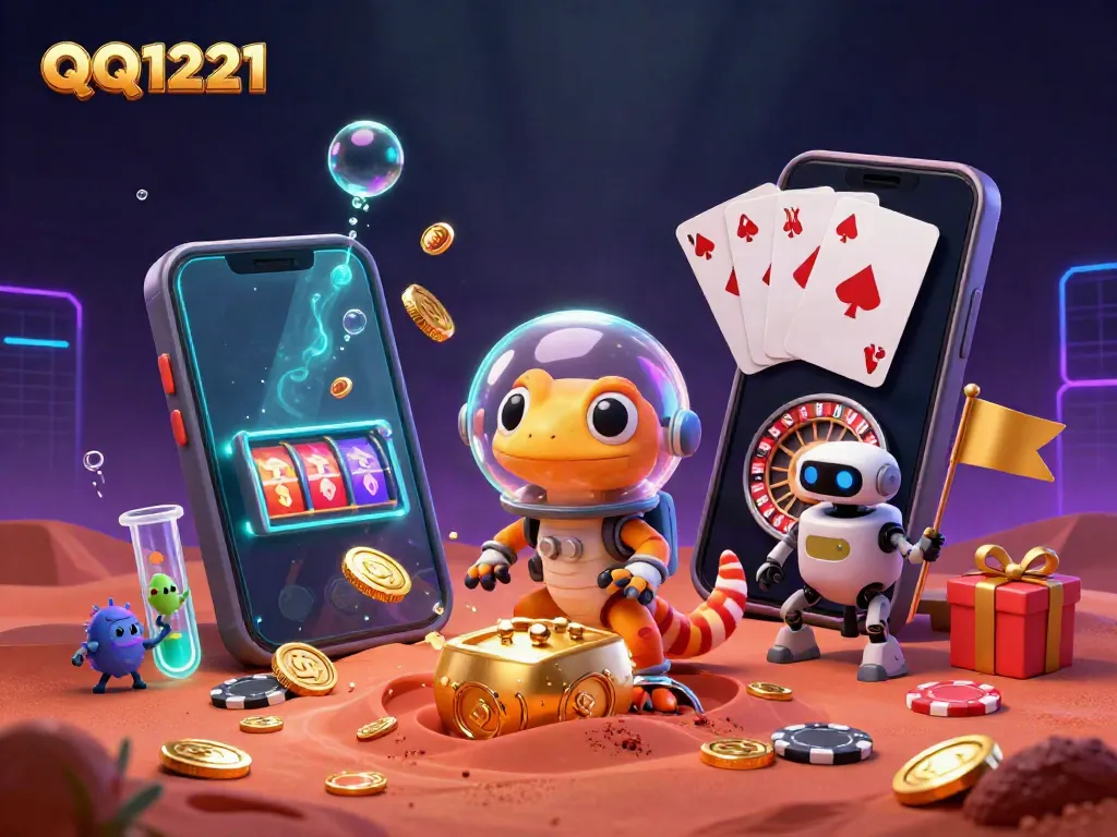 Experience the thrill of QQ1221 in a vibrant 3D casino scene featuring a Martian gecko and alien characters.
