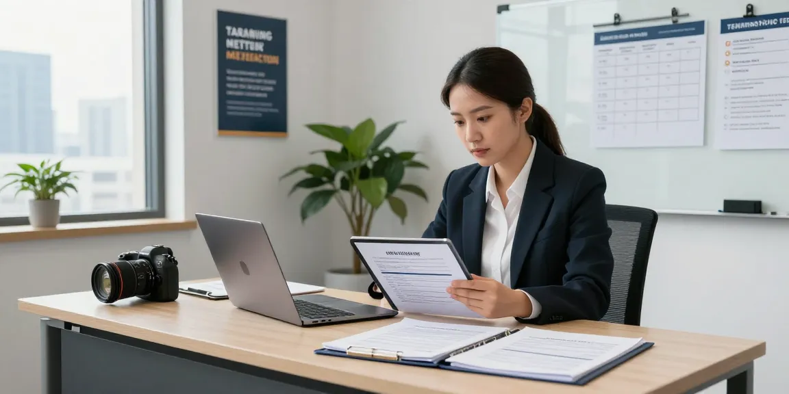 Efficient edmonton property management office with consultant reviewing tenant applications and rental agreements