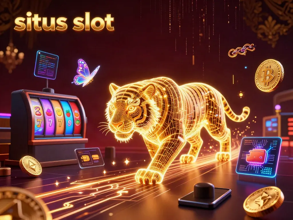 Experience the excitement of situs slot with a neon tiger, slot reels, and crypto coins in this vibrant casino scene.
