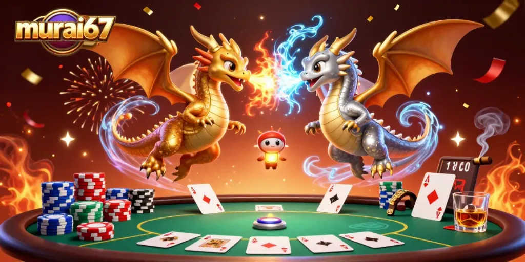 Murai67 showcases a thrilling scene with golden and silver dragons battling across a poker table