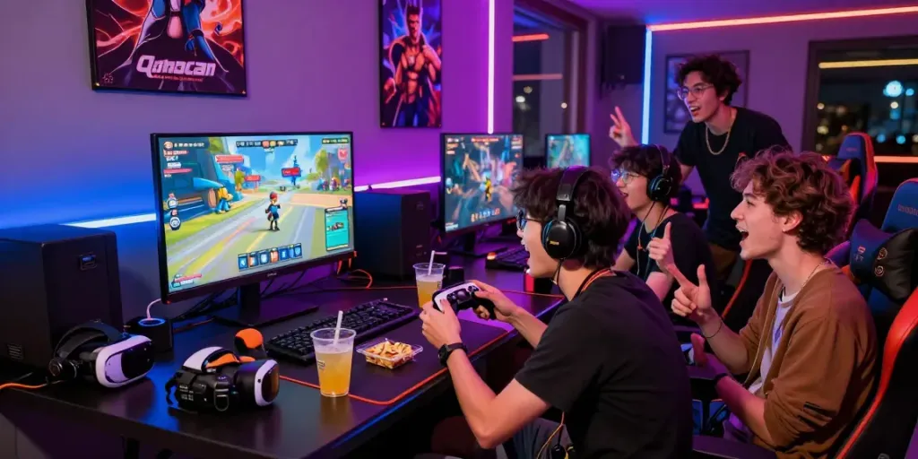 Exciting group gaming scene with friends enjoying qqmacan together, showcasing controllers and snacks in a vibrant gaming room.