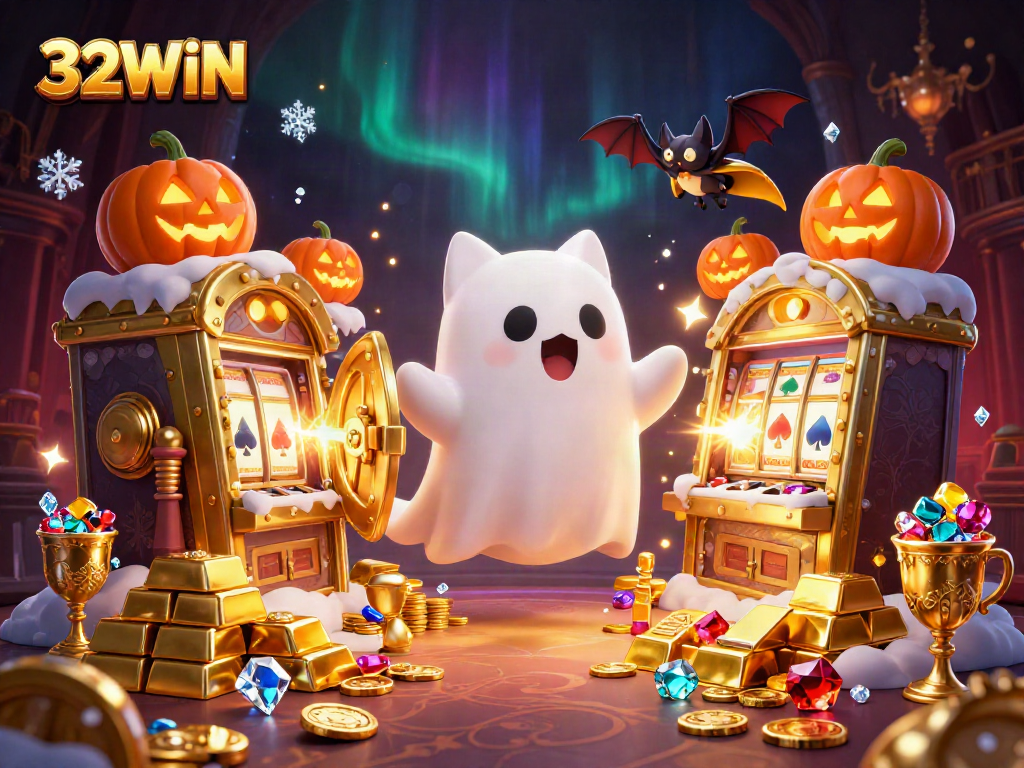 Engage in the thrilling atmosphere of 32WIN with a friendly ghost cat at a haunted casino.