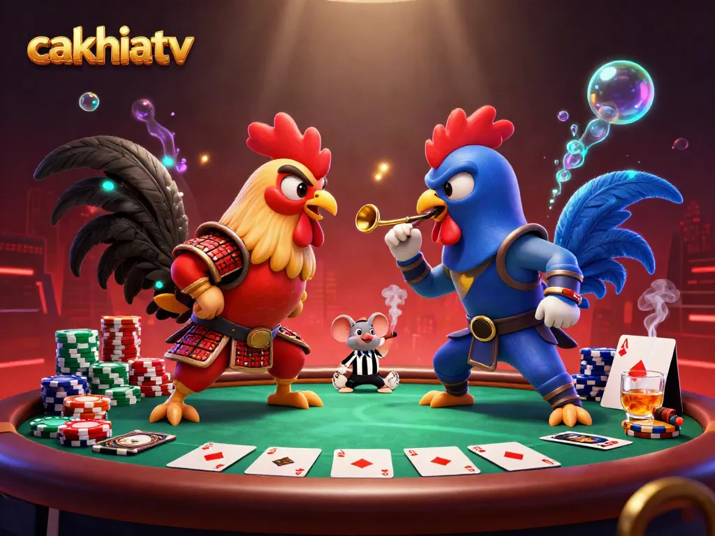 Cakhiatv showcases a dynamic scene of twin fighting roosters in an intense showdown amidst colorful poker elements.