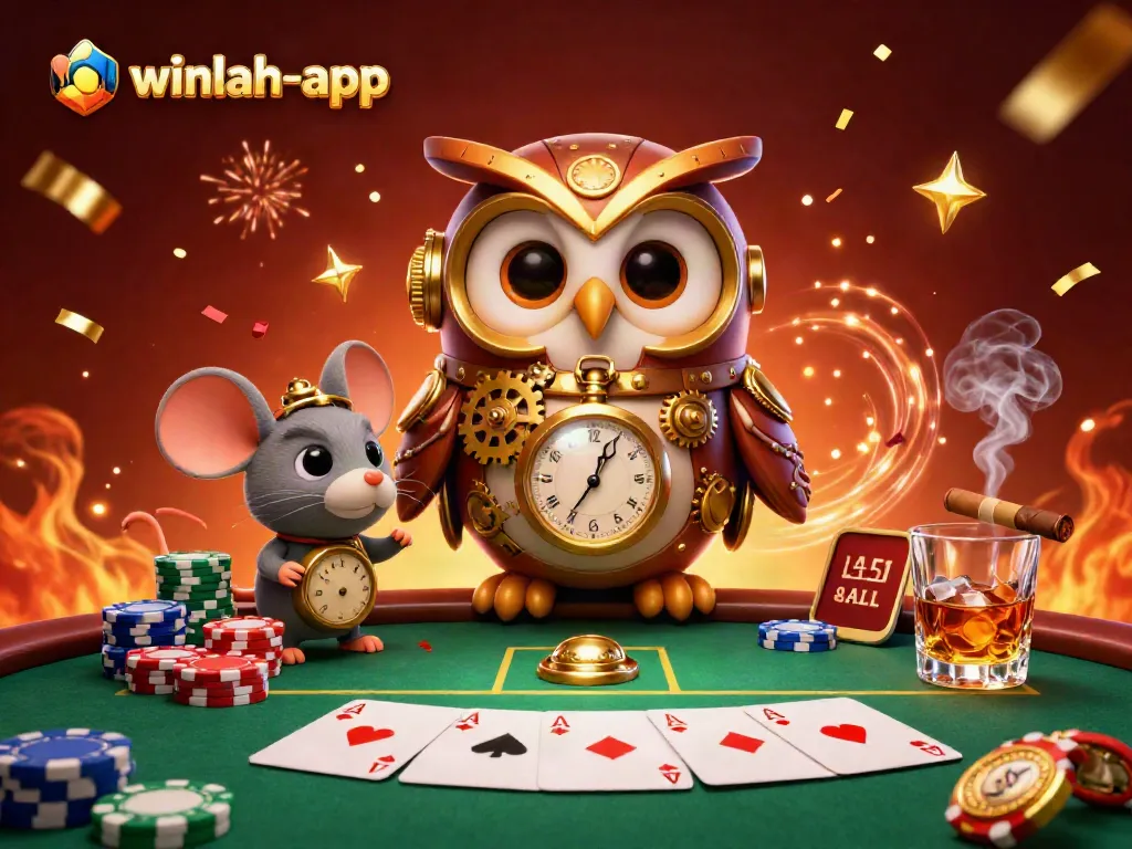 Winlah-app's enchanting casino scene showcases a time-traveler owl and poker elements in vibrant 3D illustration.