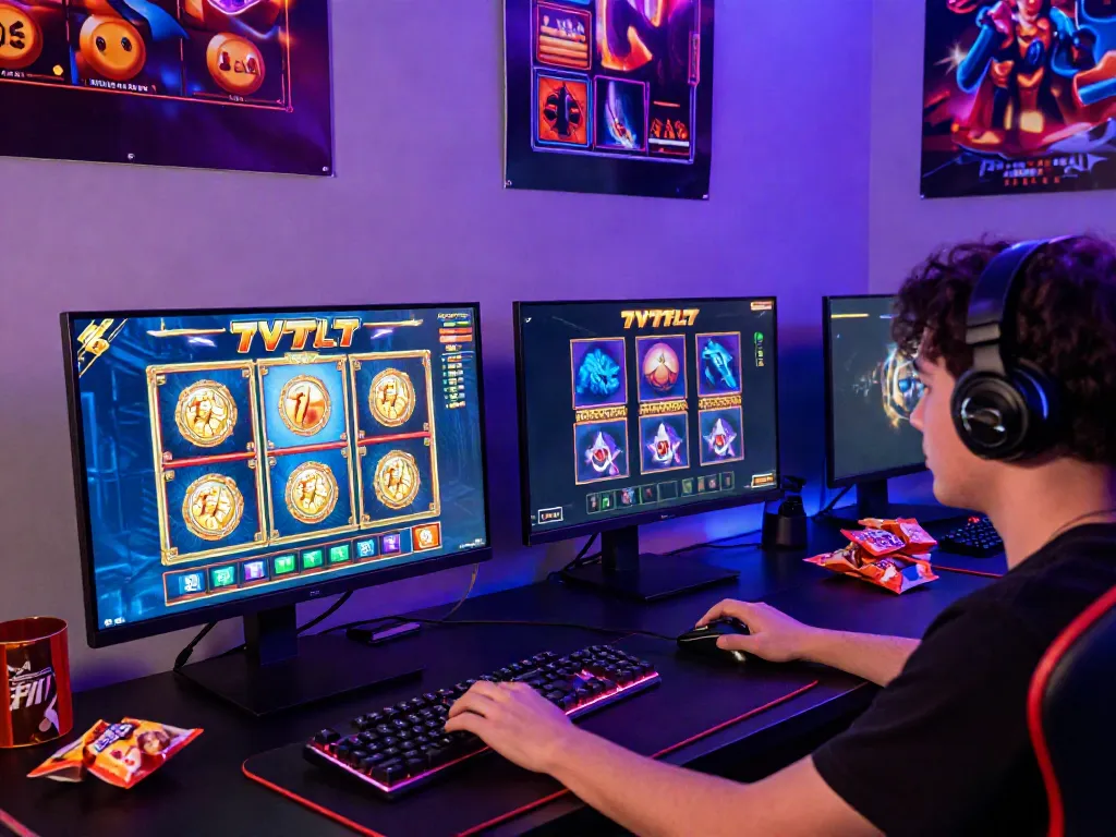 Engaged player enjoying slot777 online in a vibrant gaming setup with colorful graphics.