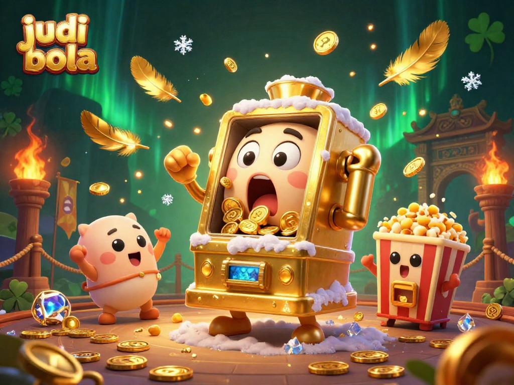 Winning at judi bola with a joyful golden slot machine celebrating its jackpot amidst colorful casino elements.