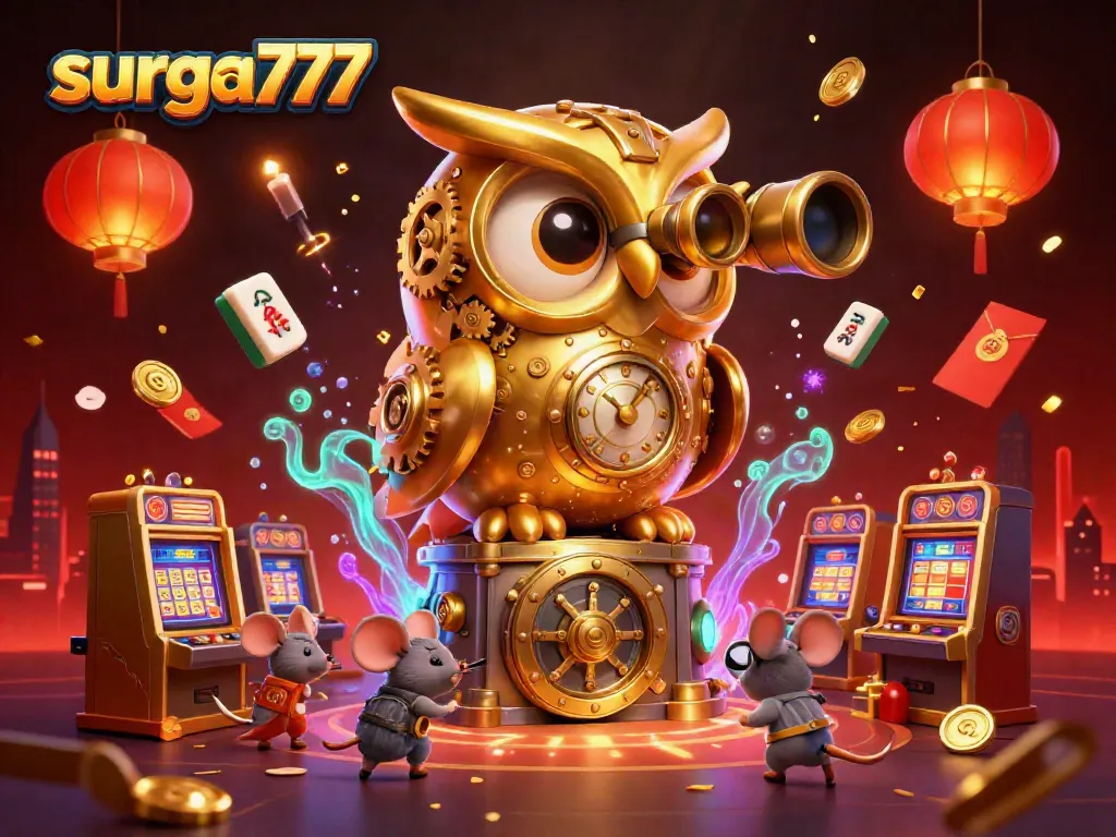 Experience the thrill of surga777 with a vibrant casino scene featuring a golden owl, jackpots, and lucky symbols.