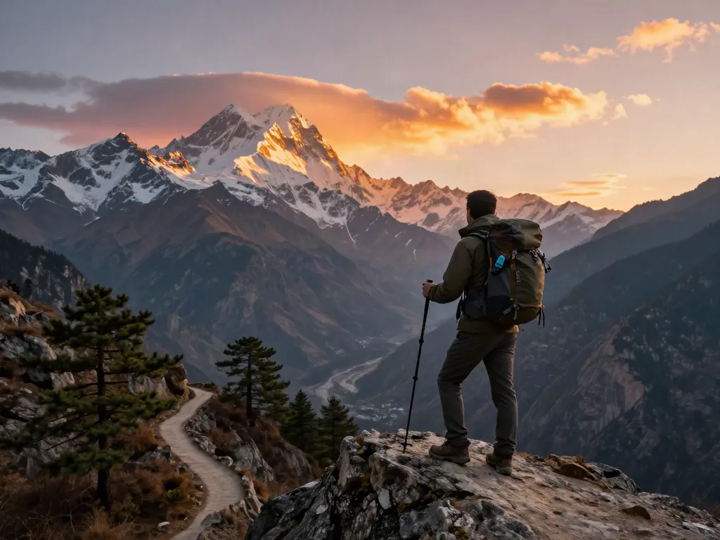 Manaslu Circuit Trek traveler enjoying sunset views at a mountain viewpoint.